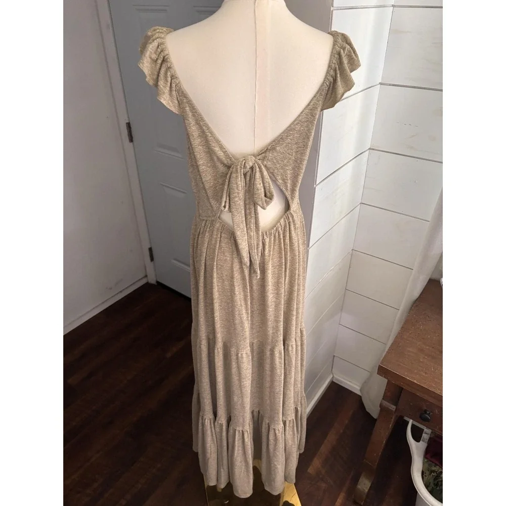 Free People Langley Maxi Dress Womens Small Beige FP Beach Ruffle Tie Back Linen